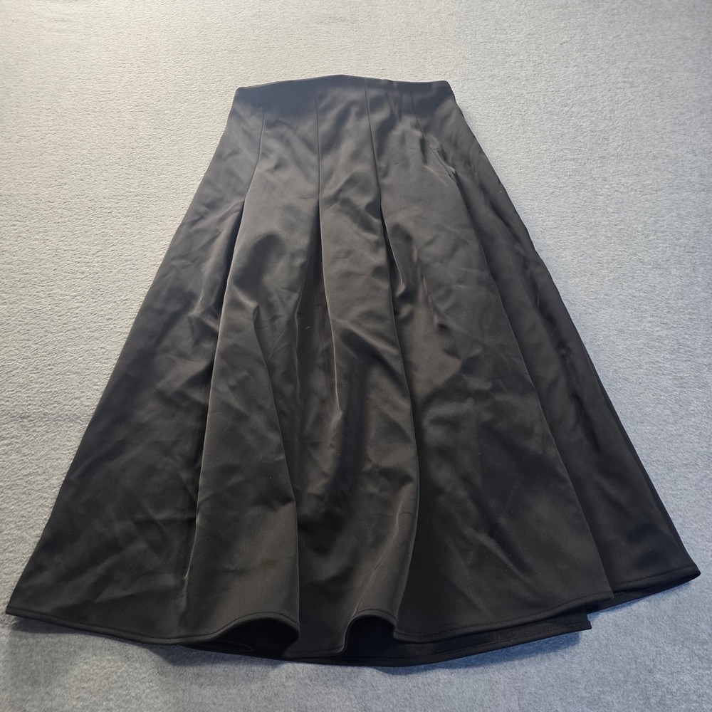 H&M Pleated A-Line Midi Skirt Womens 6 Black Satin Lace Up Corset Back High Rise